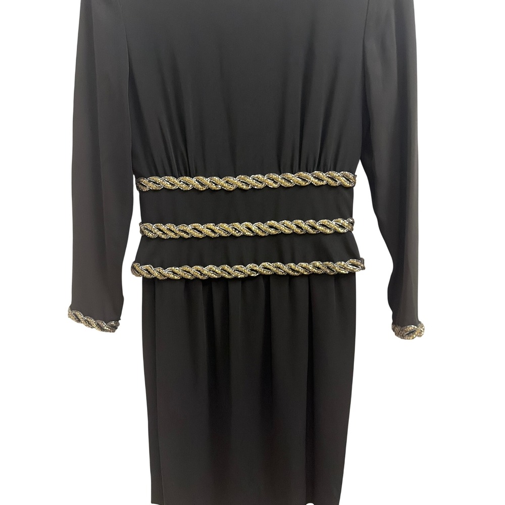Albert Nipon Dress Vintage 80s Cocktail Womens 6 Black Gold Metallic Trim Sheath - Picture 8 of 8